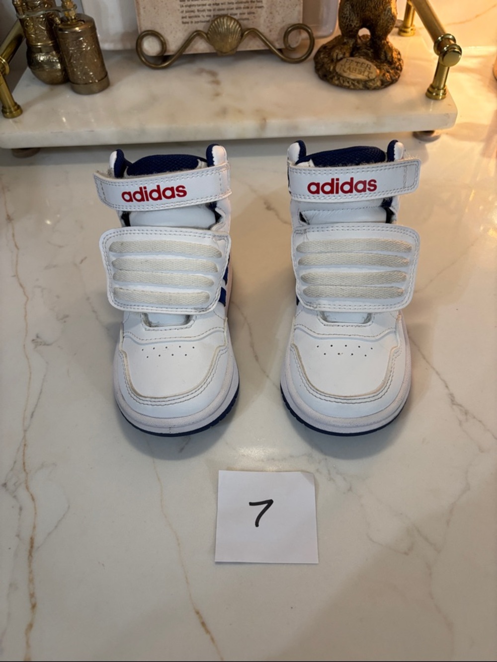adidas White and Navy High-Top Kids Sneakers with Red Logo